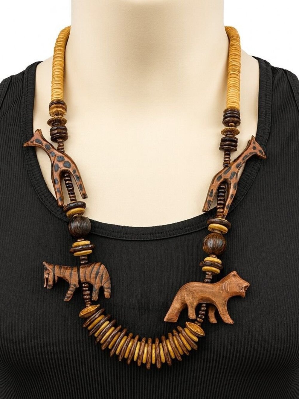 Vintage Hand Carved Wood African Animal Bead Necklace Giraffe Zebra Lion 28"